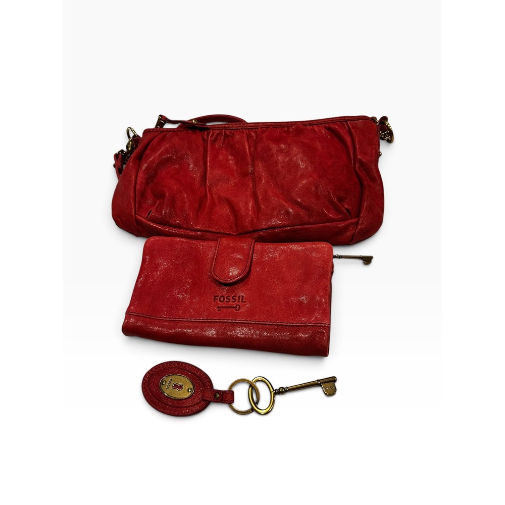 Fossil bundle Cranberry  Leather Shoulder Bag,key & Wallet Set Y2K Vintage Style